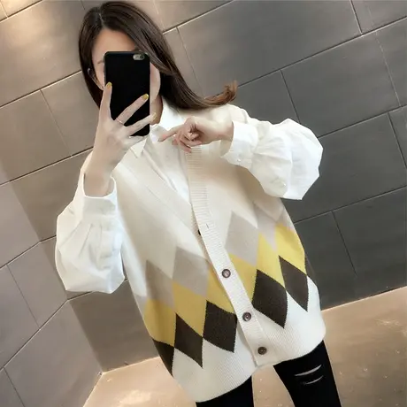 春季韩版时尚拼色菱格V领针织马甲开衫女士宽松无袖毛衣背心图片