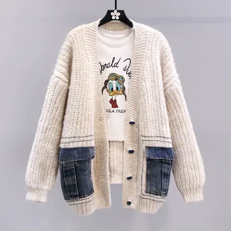 韩系牛仔拼接毛衣外套女秋冬2023新款宽松慵懒风休闲洋气针织开衫图片