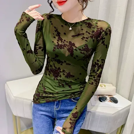 植绒印花超火T恤女长袖复古气质网纱打底衫内搭春秋性感透视上衣商品大图