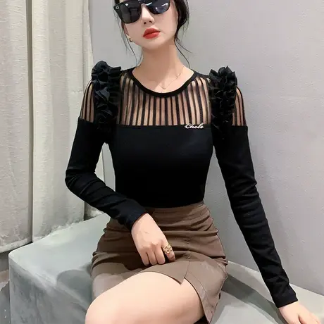 性感网纱拼接T恤女长袖设计感木耳边上衣洋气修身减龄撞色打底衫图片