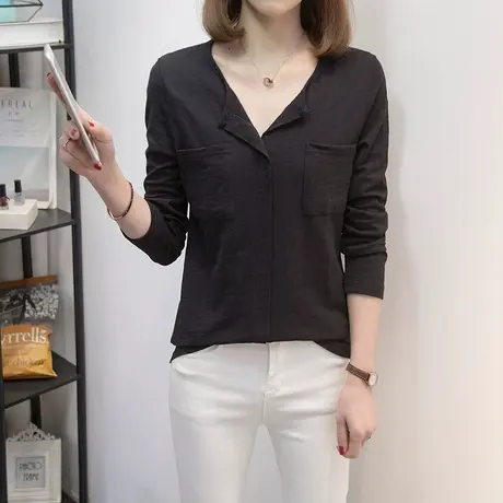 长袖t恤女装秋装中长款早秋上衣女ins2023新款衣服v领大码打底衫商品大图
