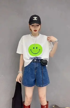 2023夏新款欧货笑脸字母时尚印花短款宽松百搭显瘦短袖T恤上衣女商品大图