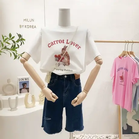 ins甜美日系兔子印花短袖上衣韩国东大门2022夏季新款白色T恤打底图片