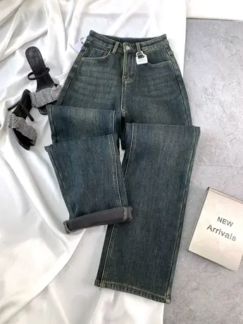 复古磨白加厚加绒牛仔直筒裤女2023冬季新款高腰裤宽松阔腿长裤子商品大图