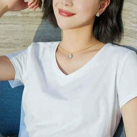 雀后纯棉短袖T恤女2023夏装新款白色V领打底衫宽松百搭ins潮上衣商品大图