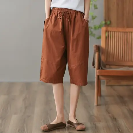 dza 高腰显瘦纯棉休闲裤女2023夏季五分中裤宽松百搭阔腿裤直筒裤商品大图