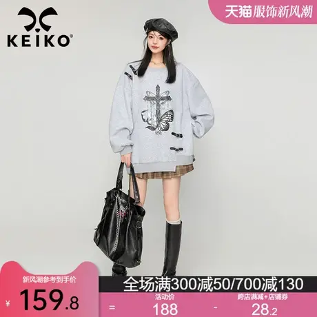KEIKO [加密绒]慵懒风灰色圆领卫衣2024早春设计感皮扣饰加厚外套图片