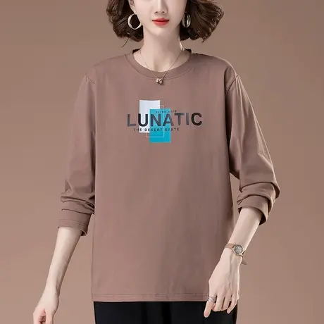 加肥加大码纯棉长袖t恤女春秋季宽松显瘦印花上衣中年妈妈打底衫商品大图