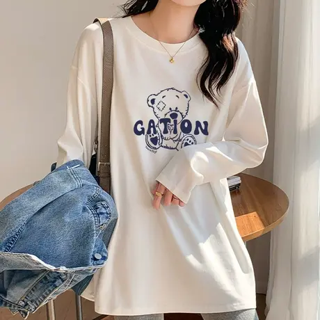 纯棉磨毛长袖T恤女中长款韩版宽松大码上衣打底衫减龄春秋冬季潮图片