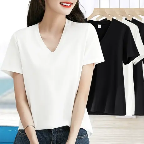 白色深v鸡心领短袖t恤女夏季百搭薄款上衣净版莫代尔棉质半袖体恤图片
