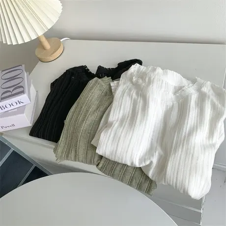 复古军绿色2023秋季薄款镂空T恤打底衫女气质圆领长袖T恤上衣韩版商品大图