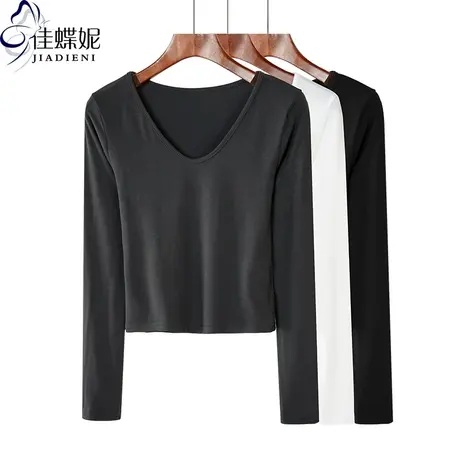 秋冬新款韩版V领修身短款纯欲纯棉纯色长袖体恤上衣内搭女打底衫图片