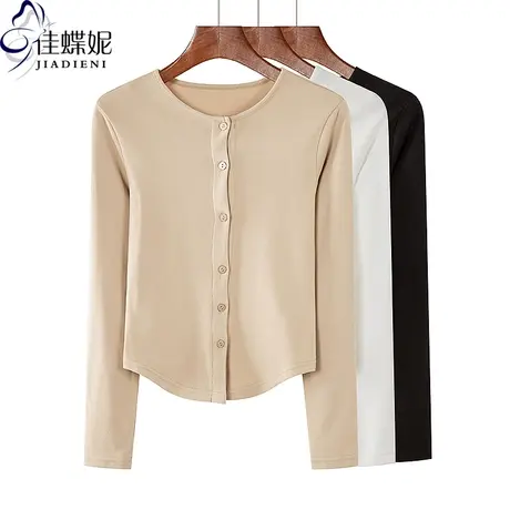 秋冬季外套开衫纽扣新款韩版圆领短款德绒修身长袖体恤上衣女粉色商品大图