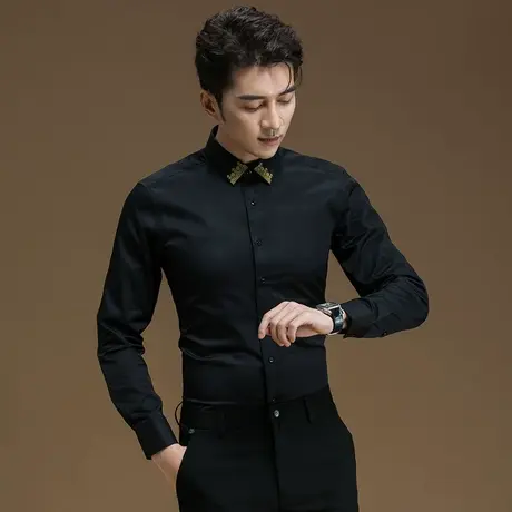 POWO刺绣衫衬男士商务休闲时尚黑色寸衣韩版修身四季款长袖衬衣男商品大图