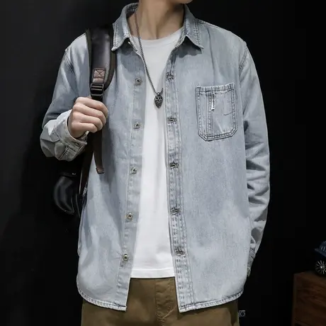 牛仔衬衫男外套春季宽松ins潮大码休闲春秋衬衣2024新款加肥加大商品大图