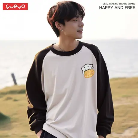 悦游 蛋筒猫啤酒猫 重磅纯棉冰淇淋猫日系拼色长袖插肩T恤男商品大图