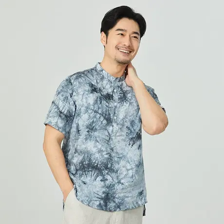 T恤男亚麻立领印花休闲上衣青年男士夏季宽松短袖棉麻男装体恤潮图片