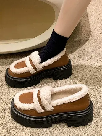 厚底英伦风加绒小皮鞋女2023新款秋冬季羊羔毛毛玛丽珍法式乐福鞋图片