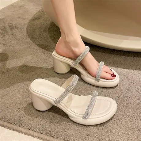 高跟鞋女粗跟水钻凉鞋拖鞋夏外穿2024新款法式气质半拖仙女风凉拖商品大图