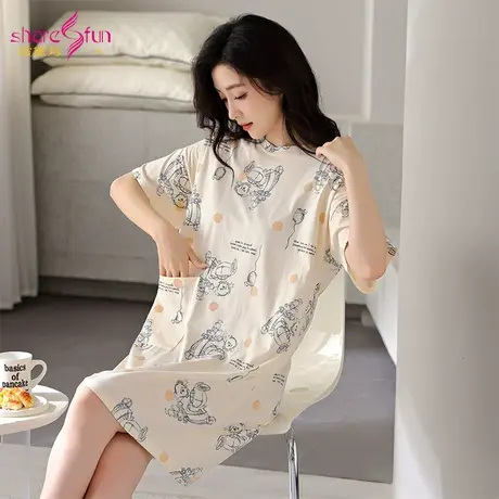 sharefun/霞黛芳100%棉动漫睡衣女圆领套头短袖可外穿居家睡裙夏图片