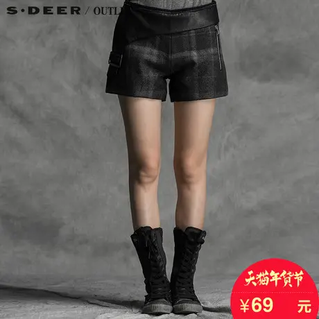 s.deer圣迪奥拼皮气质格纹毛呢短裤S14480964商品大图