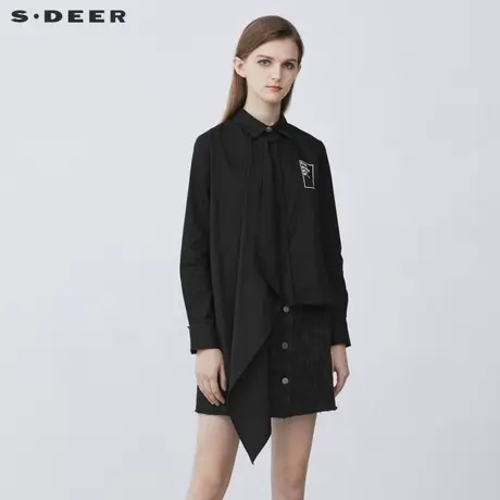 sdeer圣迪奥秋翻领堆叠字母不规则长袖黑色衬衫S21380514图片