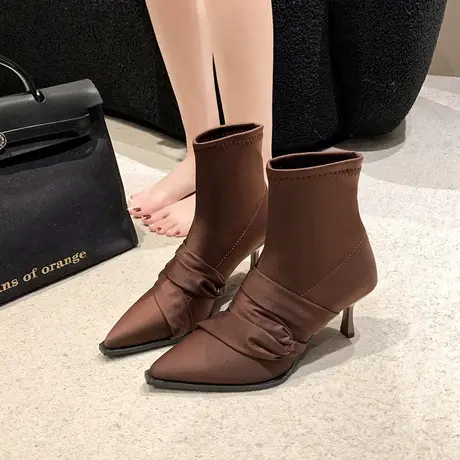 短靴女2023秋冬季新款复古细跟高跟瘦瘦靴法式风时尚尖头时装靴潮商品大图