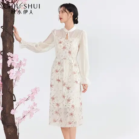 秋水伊人印花雪纺金丝连衣裙2022年春季新款女装多层裙摆花边袖图片