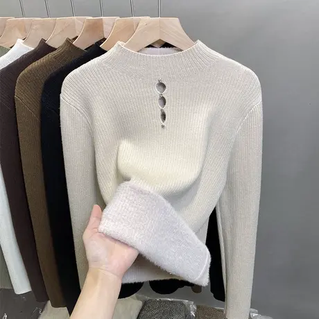 一体绒半高领毛衣女加绒厚打底衫2023秋冬新款钉珠针织衫内搭上衣商品大图