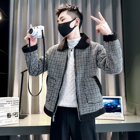 冬季2023新款羊羔毛拼接棉服男时尚修身加厚潮流韩版夹克棉衣外套商品大图