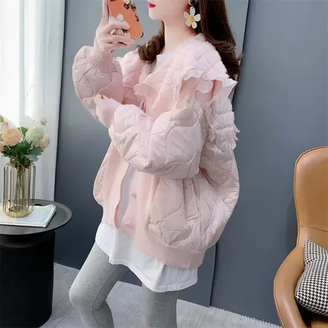 设计感减龄甜美海军领毛衣开衫女秋冬2023新款宽松针织拼棉服外套商品大图