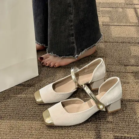 玛丽珍鞋女2024年春秋季新款时尚方头浅口单鞋法式粗跟气质高跟鞋图片