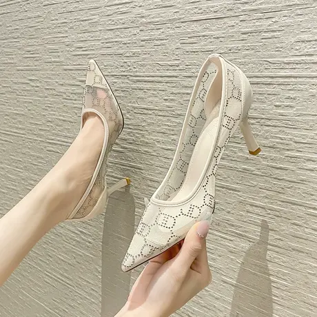 高跟鞋女2024年新款春网纱镂空性感尖头仙女风水钻细跟单鞋配裙子图片