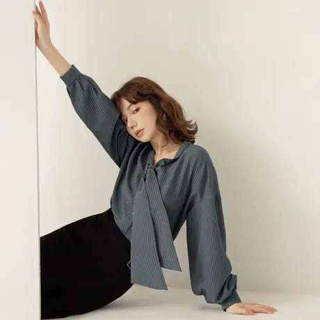 桔熊秋冬季复古通勤衬衫宽松设计感飘带领长袖上衣女大码AB19191商品大图