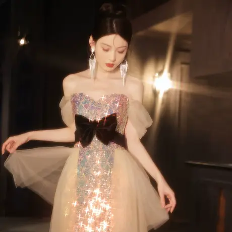 敬酒服新娘2023新款蝴蝶结亮片结婚订婚抹胸高级感晚礼服连衣裙女商品大图