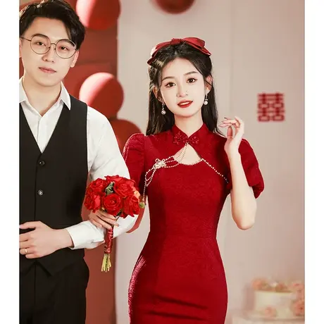 设计感敬酒服2023新款新娘鱼尾旗袍高级感订婚礼服女夏季红色高档商品大图