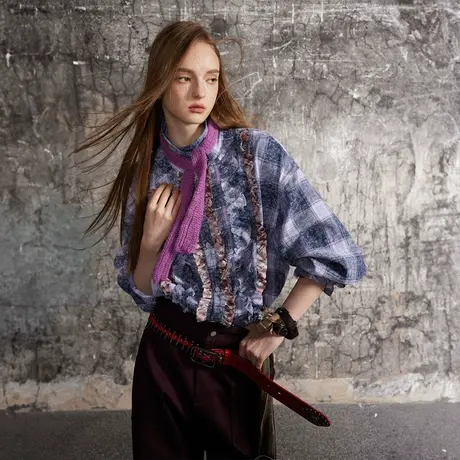 复古拼接法式格子衬衫女春秋2024新款高级感潮牌上衣宽松情侣衬衣图片