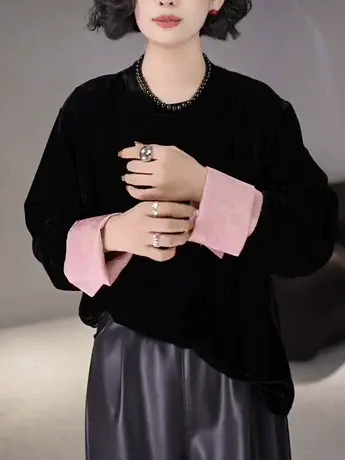 2024春季款新中式撞色丝绒T恤女宽松显瘦高级感休闲气质减龄上衣商品大图