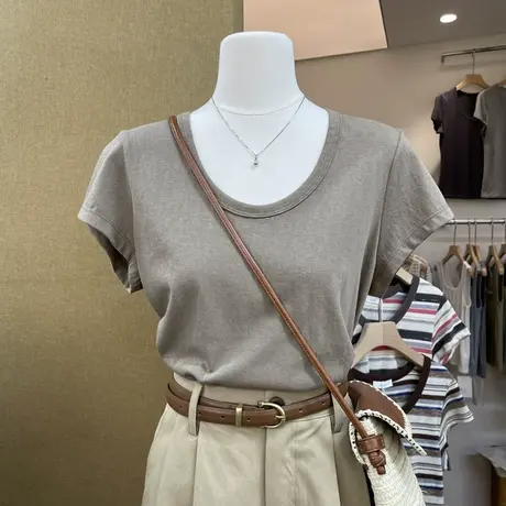 东大门2024年春夏净色款松圆领显瘦减龄百搭韩版短袖T恤内搭上衣商品大图