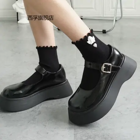 Lolita甜美天使袜子ins日系短袜可爱少女木耳边堆堆袜黑色棉袜商品大图