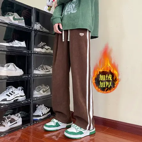 垂坠感加绒裤子男款秋冬季潮牌卫裤大码宽松直筒阔腿运动休闲长裤图片