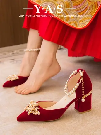 婚鞋女新娘鞋2024年新款春季红色高跟鞋秀禾结婚鞋婚纱两穿不累脚商品大图