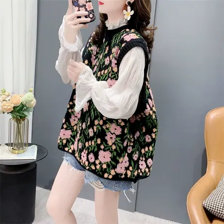 复古圆领花朵针织马甲背心女春季2024年新款宽松大码无袖坎肩外套图片