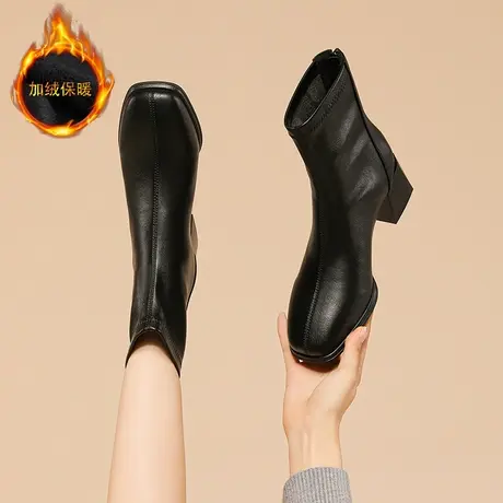 红蜻蜓高跟短靴女2023秋冬新款冬靴女鞋加绒气质法式小踝靴瘦瘦靴图片
