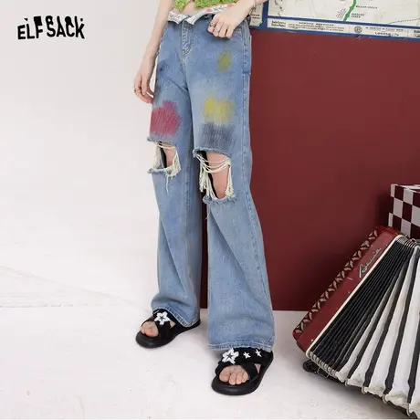 妖精的口袋破洞拖地牛仔裤女2023夏季新款设计感高腰宽松阔腿裤潮图片