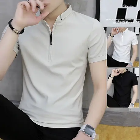 男士短袖t恤立领夏季高端冰丝男装2023新款棉感潮流休闲polo衫男商品大图