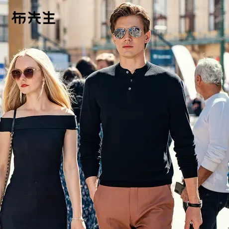 MrBu布先生亨利领黑色羊毛t恤2023秋冬三粒扣羊毛衫不扎人BT12199商品大图