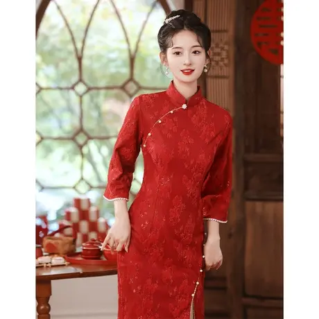 旗袍敬酒服2023新款蕾丝年轻款少女回门日常红色中式订婚连衣裙秋商品大图