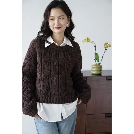 嘉茱莉2023早秋新款麻花圆领针织上衣女小个子短款宽松套头针织衫图片