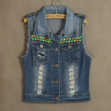 牛仔马甲女短款修身韩版春秋新款无袖外套背心破洞马夹钉珠夏751图片